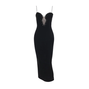 Elegant black slim-fit maxi dress with deep V-neck, sequins and mesh paneling
