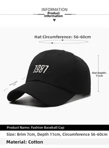 Detailed size chart for black cotton baseball cap with 1987 embroidery and dimensions