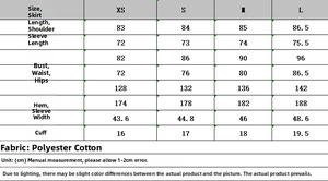 Size guide for V-neck dress detailing bust, waist, and length measurements from XS to L