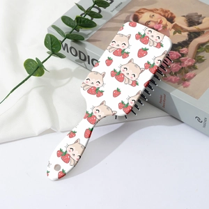 Cute cartoon cat and strawberry pattern hair brush with comfortable air cushion and long handle