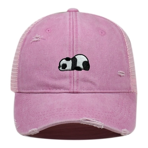 Pink washed denim baseball cap with panda embroidery and distressed ripped details