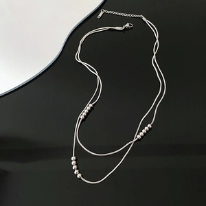 Minimalist double layer silver snake chain necklace with polished beads and lobster clasp