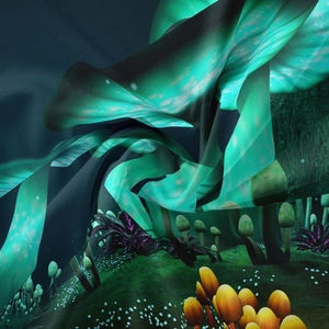 Detail of bohemian mushroom tapestry showing glowing cyan lines and soft silky texture