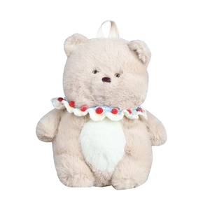 Cute beige plush bear backpack for kids with colorful collar and top hanging loop
