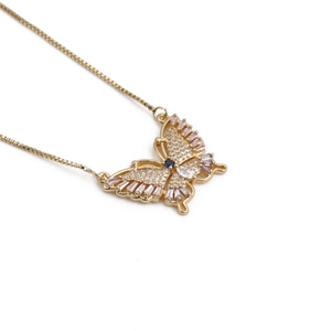 Gold butterfly pendant necklace with inlaid colorful gemstones and adjustable chain