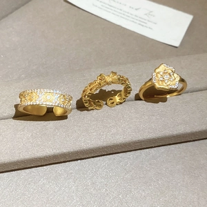 24K gold plated flower ring set with zircons and adjustable band in jewelry box