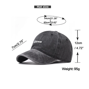 Detailed size chart of the washed cotton baseball cap with Colorado embroidery