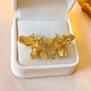 Irregular Flower Stud Earrings With 925 Sterling Silver Earring Post Pleated Petal Copper Jewelry For Women