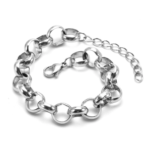 Polished silver stainless steel 12mm round link chain bracelet with lobster clasp and extender