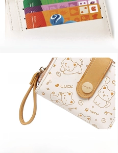 Detail of cute cat print wallet showing interior card slots and smooth zipper closure
