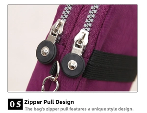 Detail of dual zippers with star embossed rubber pulls on purple nylon crossbody bag