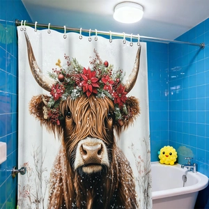 Detail of Christmas Highland cow shower curtain with floral wreath and plastic hooks