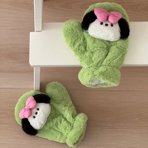 Green plush mittens featuring a cute cartoon dog character and a pink bow decoration