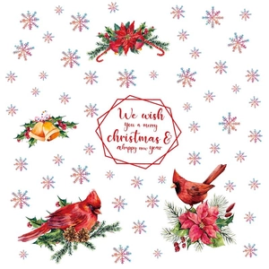 Christmas window decals with red cardinals, snowflakes and merry christmas greetings
