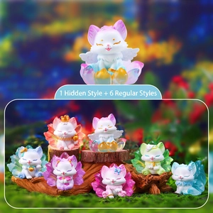 Macro display of mythical fox spirit blind box figures with forest background scenery