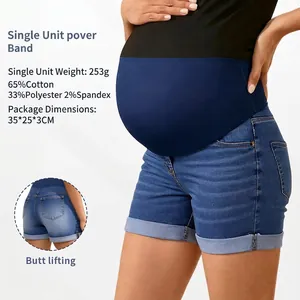 Maternity Denim Shorts High Stretch Abdominal Support Cotton Spandex Rolled Hem Casual Summer High Waist Women Pants
