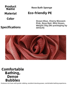 Detail showing eco-friendly PE mesh texture of a 50g rose bath ball for rich foam