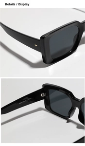 Detail view of rectangular sunglasses showing gold rivets and inner temple specifications