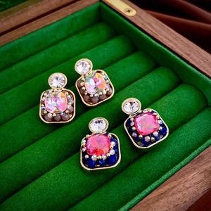 Vintage geometric square stud earrings with colorful crystals in a luxury velvet box