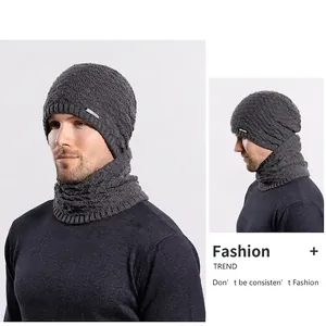 Winter knitted beanie and neck warmer set in dark grey for men with cozy fleece lining