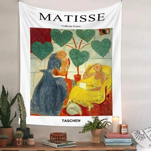 Detailed view of bohemian wall tapestry featuring Matisse art style in modern home setting