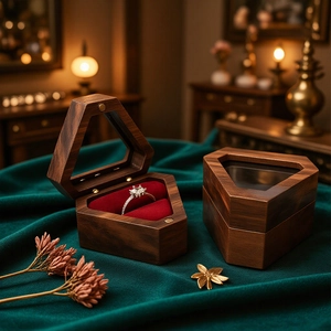 Exquisite vintage wooden jewelry box with red velvet lining and clear glass window