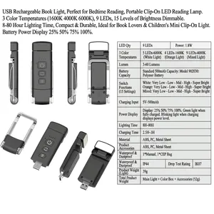 Portable USB rechargeable clip-on LED book light with 3 color modes and adjustable brightness