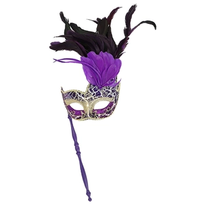 Maschera Da Mascherata Piuma Pizzo Glitter Bastone A Mano Mezza Faccia Halloween Carnevale Cosplay Festa Veneziana Elegante Donne
