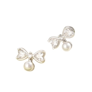 Elegant silver bow earrings with sparkling cubic zirconia and hanging round pearl studs