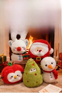 Group of festive plush toys including Santa, snowman, and reindeer near a warm fireplace