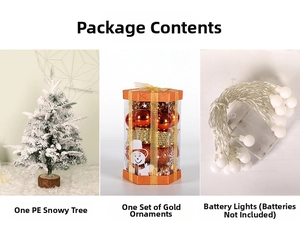 Detailed set of PE flocked snowy Christmas tree with gold ornaments and LED string lights