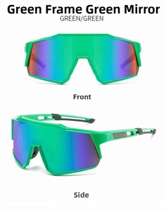Front and side view of sports cycling glasses with green frame and gradient mirror lens