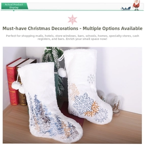Detail of white plush Christmas stockings with embroidered snowflake and pine tree motifs