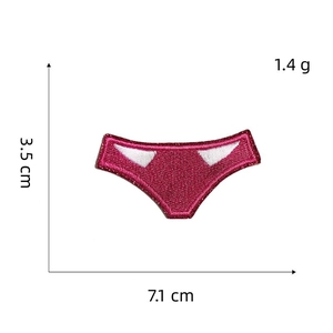 Detailed view of red panty-shaped embroidery patch with precise size dimensions