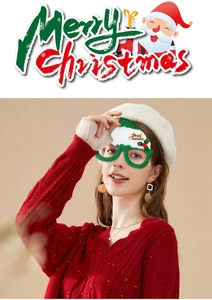 Green glitter Christmas tree glasses frame with festive Merry Christmas hat decoration