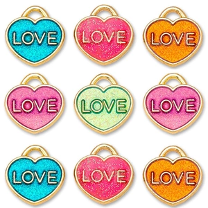 Colorful glitter heart love charms with gold metal frame in multiple vibrant colors