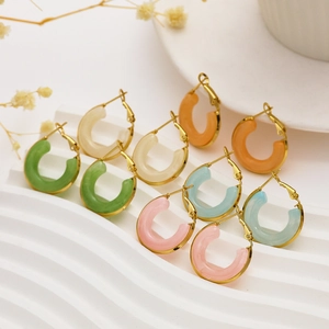 Minimalist 18k gold plated stainless steel C-hoop earrings with colorful resin inlays