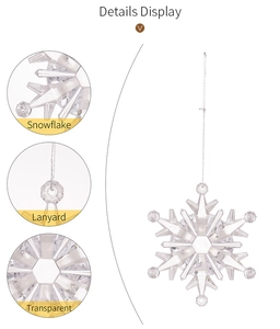 Detail view of transparent acrylic snowflake showing the lanyard and clear material texture