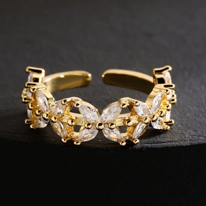Adjustable 18K gold plated ring with marquise-cut zircon stones in a floral olive branch design