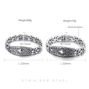 Détail de bracelets vintage en acier inoxydable avec gravure, dimensions et poids précis