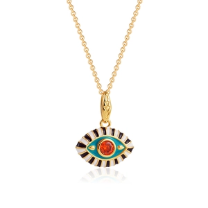 18K gold plated evil eye necklace with colorful enamel and orange crystal pendant