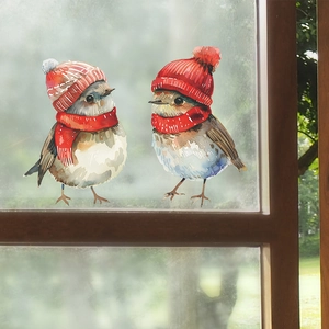 Watercolor Birds Christmas Window Stickers PVC Decal With Red Hats And Scarves Holiday Home Glass Decor