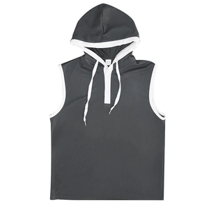 Detail of dark grey hooded tank top with white contrast trim and drawstring cords