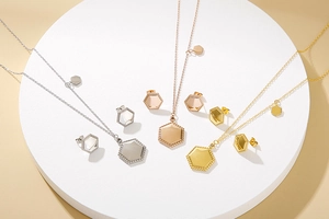 Detailed set of geometric hexagonal necklaces and earrings in silver, gold, and rose gold