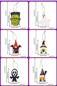 Detailed size chart for Halloween wooden pendants featuring Frankenstein and ghost gnomes