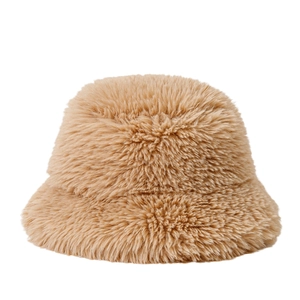 Thick warm brown plush bucket hat for men and women featuring fluffy faux fur material