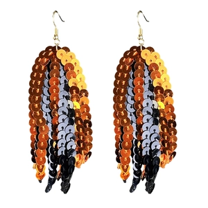 Sparkling multi-color sequin tassel earrings in orange gold black and silver with metal hooks