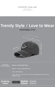 Detailed size chart for vintage washed baseball cap showing brim and adjustable strap measurements