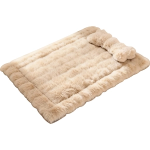Manta suave de piel sintética para mascotas con almohada a juego en felpa color beige