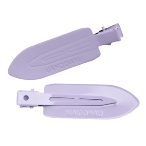Pair of glossy purple metal seamless hair clips shown from front and back on white background